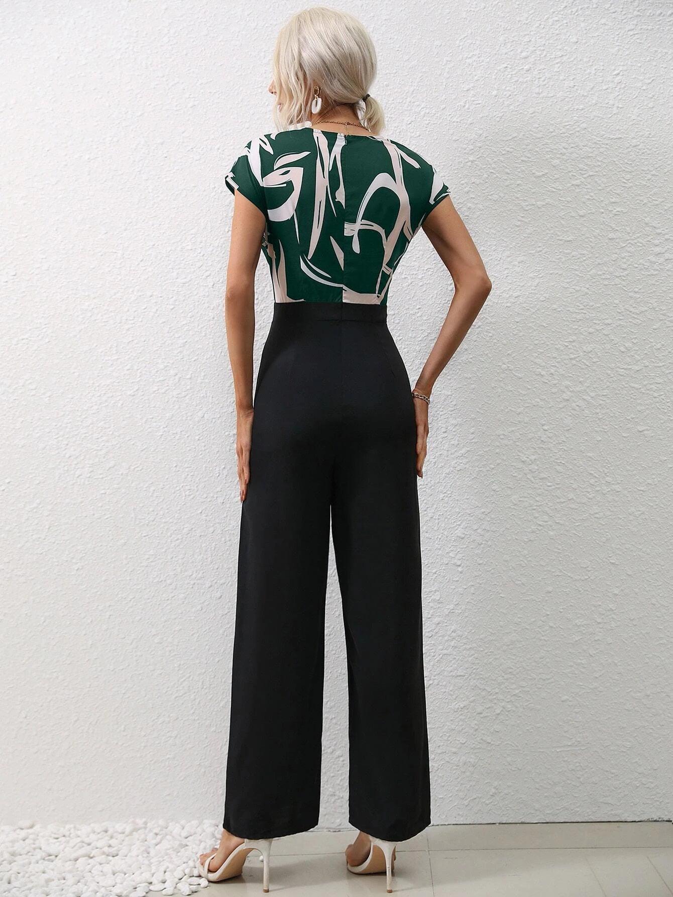 Graphic Print Overlap Collar Jumpsuit-Comfy Jumpsuits