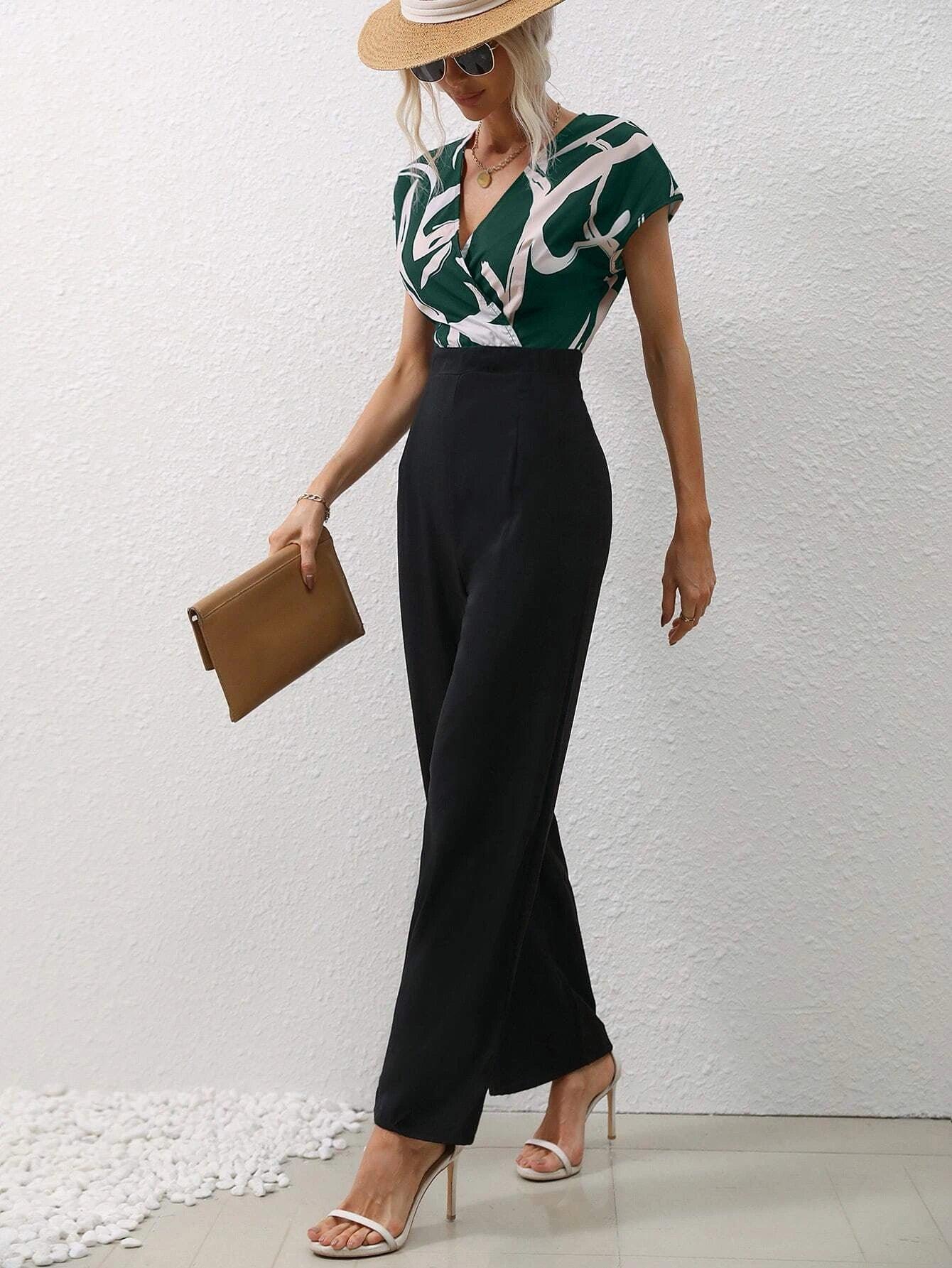 Graphic Print Overlap Collar Jumpsuit-Comfy Jumpsuits