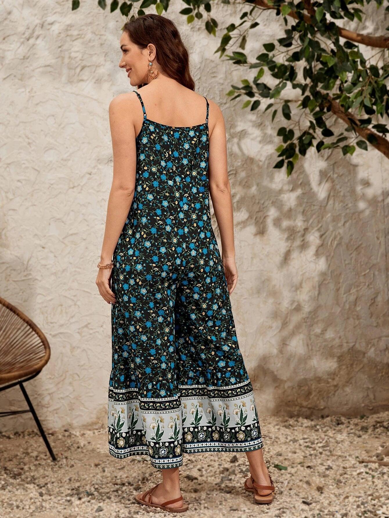 Boho Floral Print Cami Jumpsuit-Comfy Jumpsuits