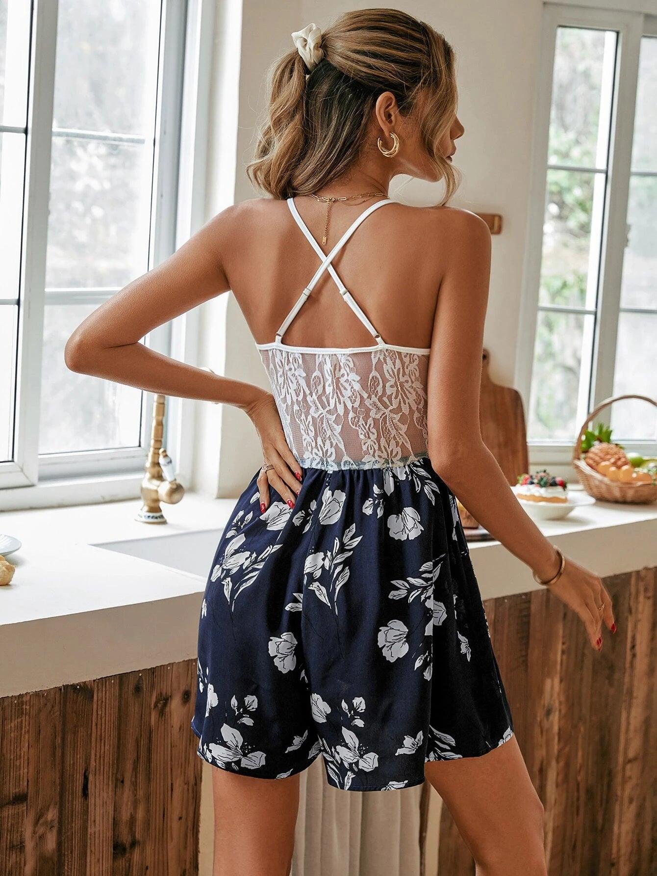 Floral Print Contrast Lace Romper-Comfy Jumpsuits