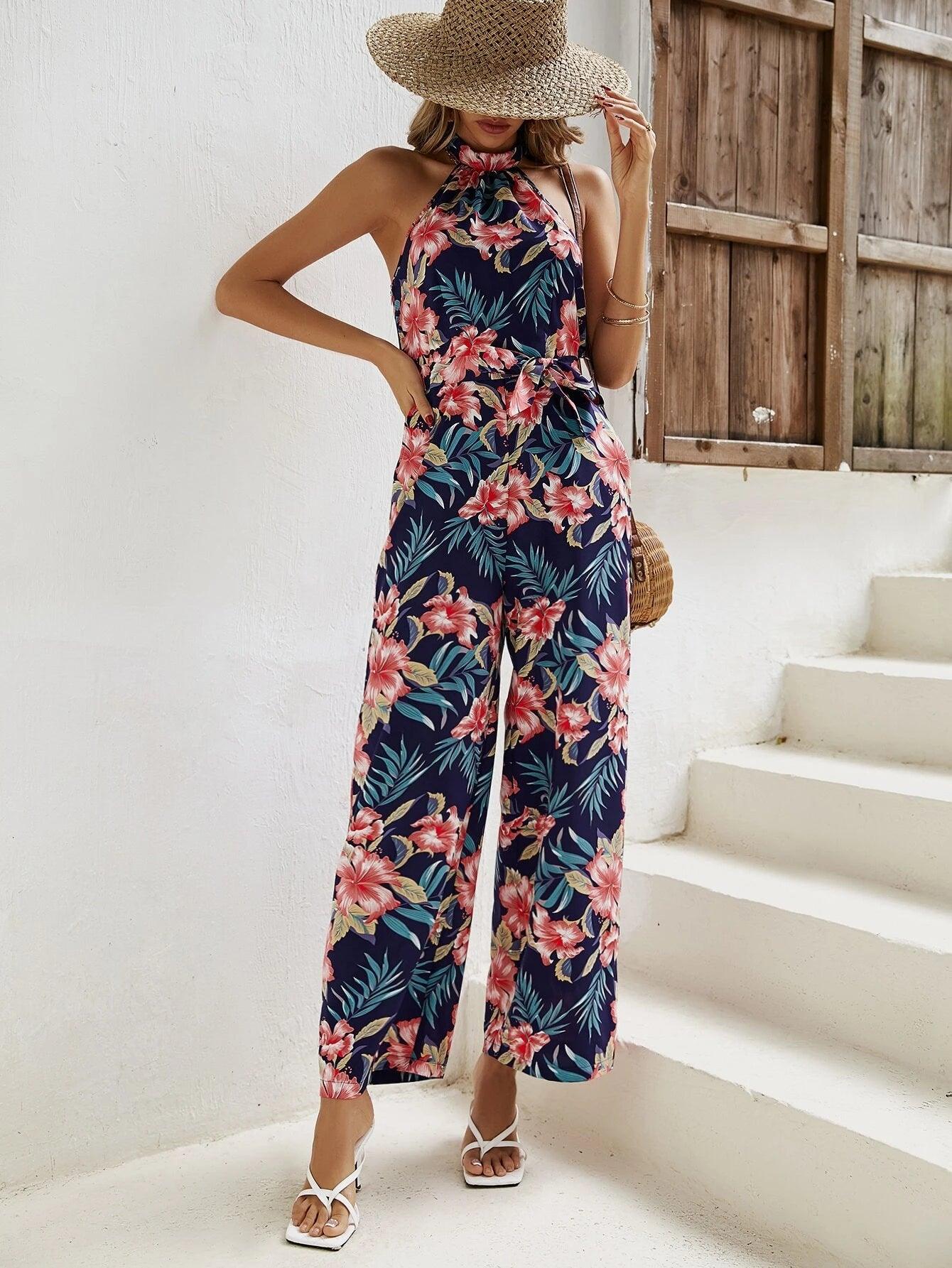 Tropical Print Halter Neck Belted Jumpsuit-Comfy Jumpsuits
