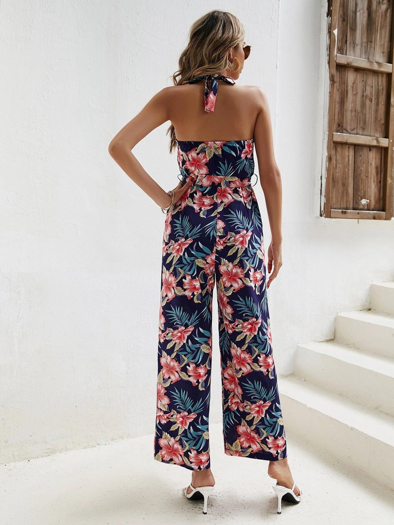 Tropical Print Halter Neck Belted Jumpsuit-Comfy Jumpsuits