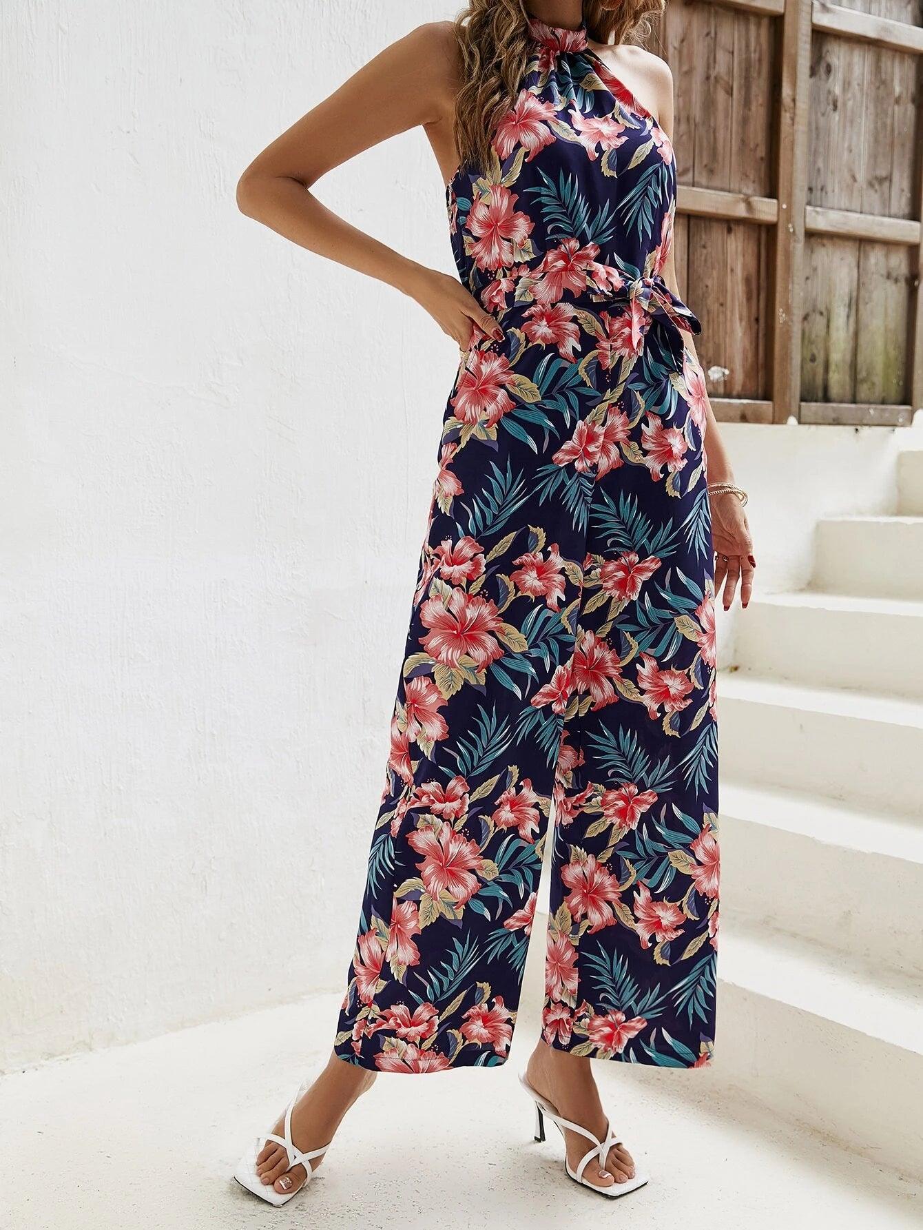 Tropical Print Halter Neck Belted Jumpsuit-Comfy Jumpsuits