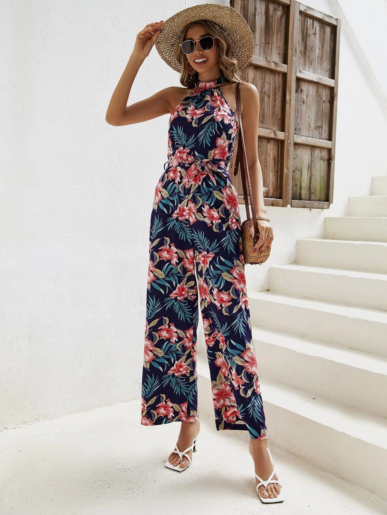Tropical Print Halter Neck Belted Jumpsuit-Comfy Jumpsuits