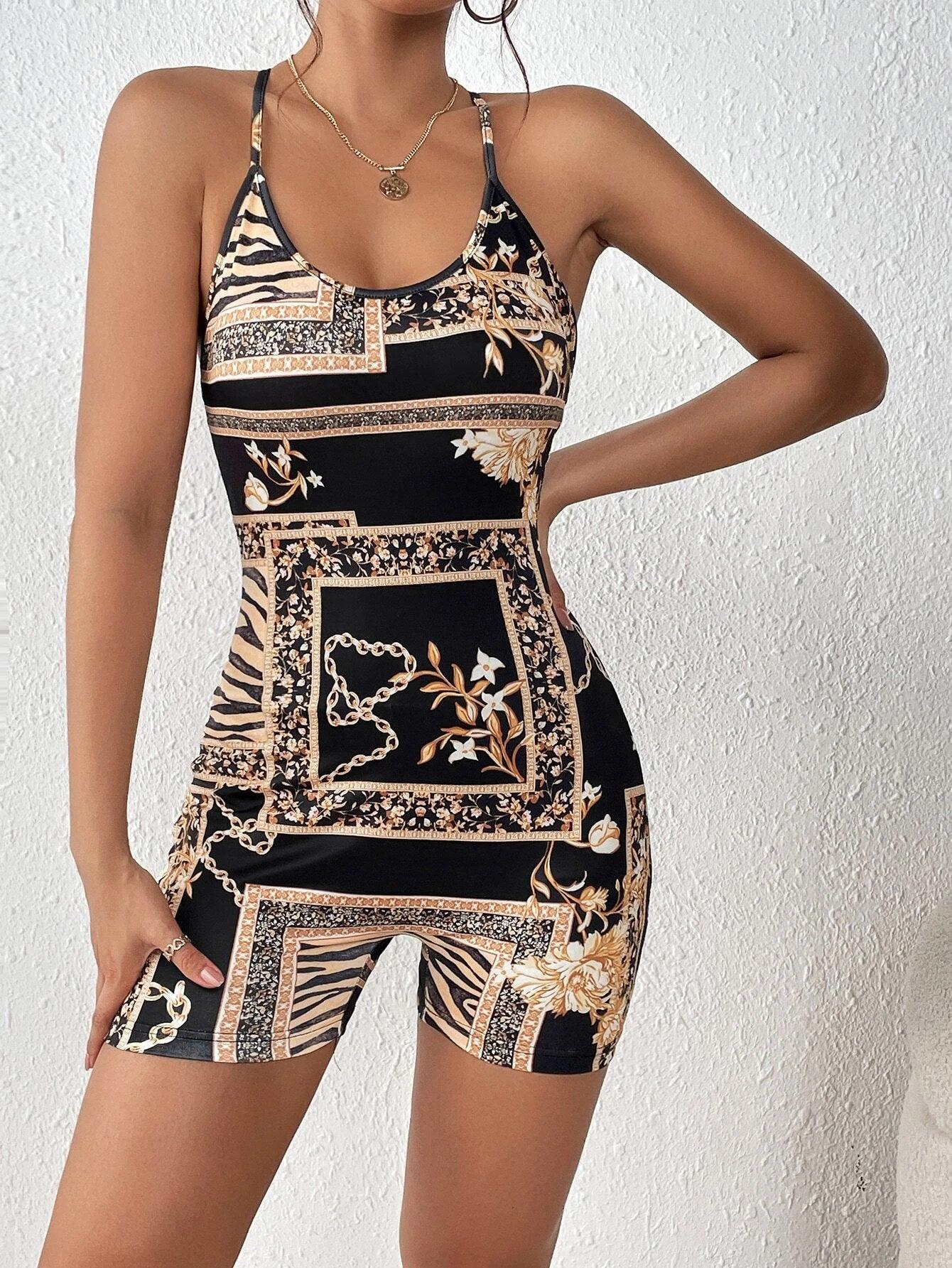 Sleeveless Print Backless Romper-Comfy Jumpsuits