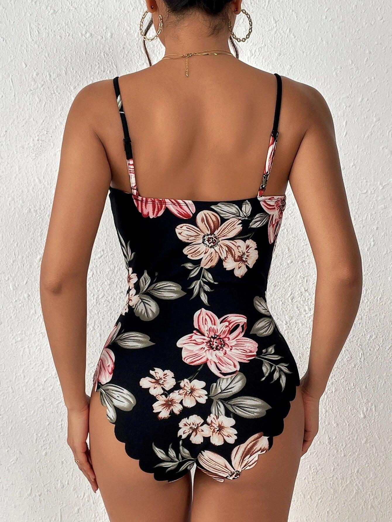 Floral Print Scallop Trim Cami Bodysuit-Comfy Jumpsuits