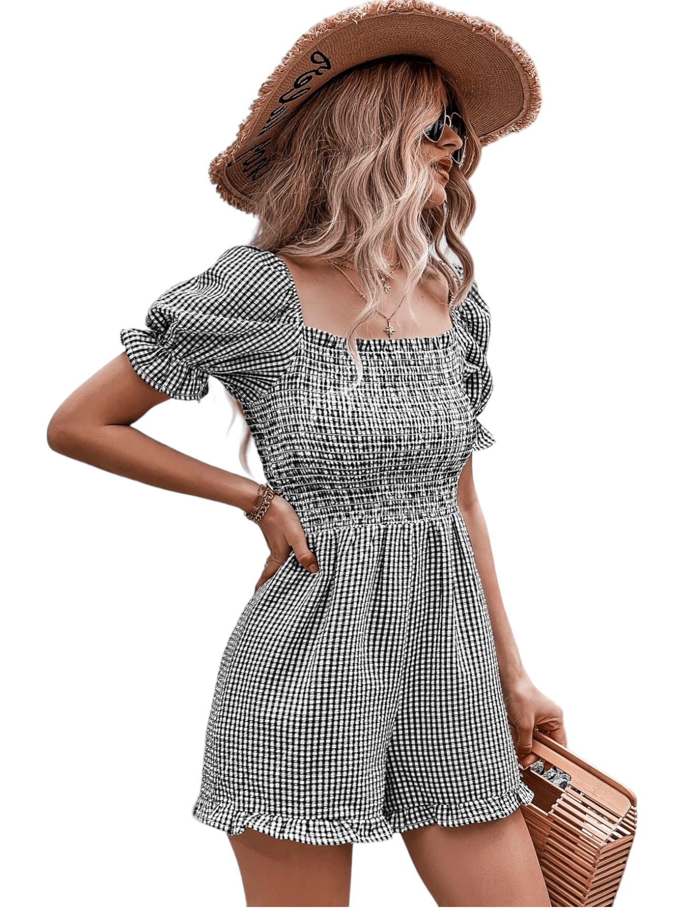 Printed Gingham Short Sleeve Romper-Comfy Jumpsuits