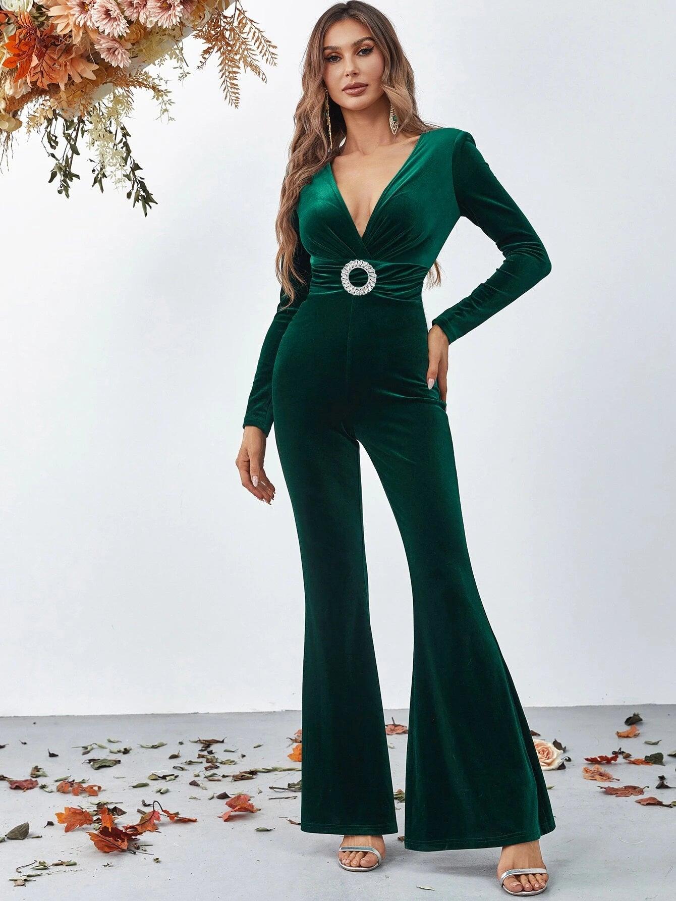 Rhinestone Buckle Ruched Front Flare Leg Jumpsuit-Comfy Jumpsuits