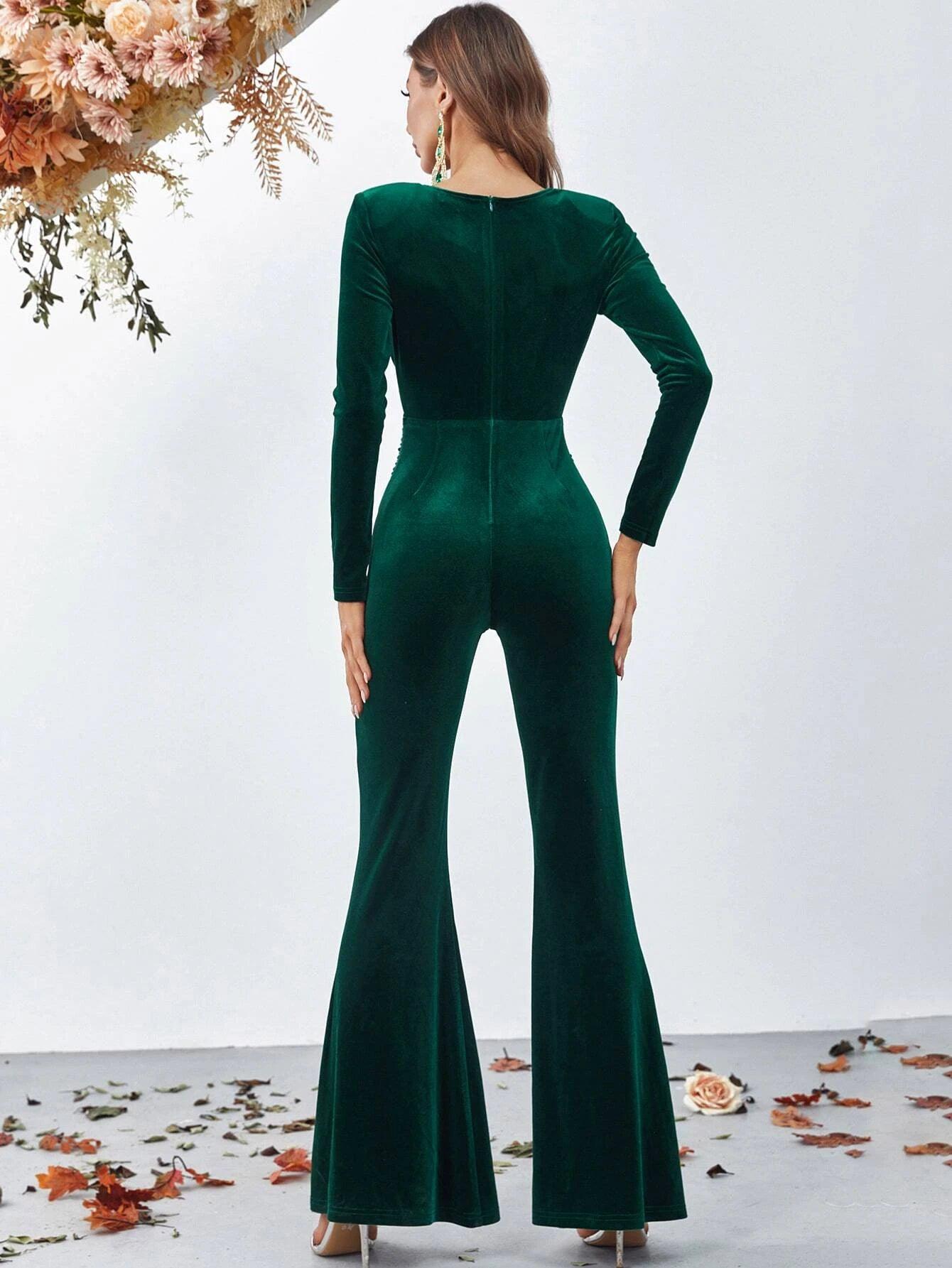 Rhinestone Buckle Ruched Front Flare Leg Jumpsuit-Comfy Jumpsuits