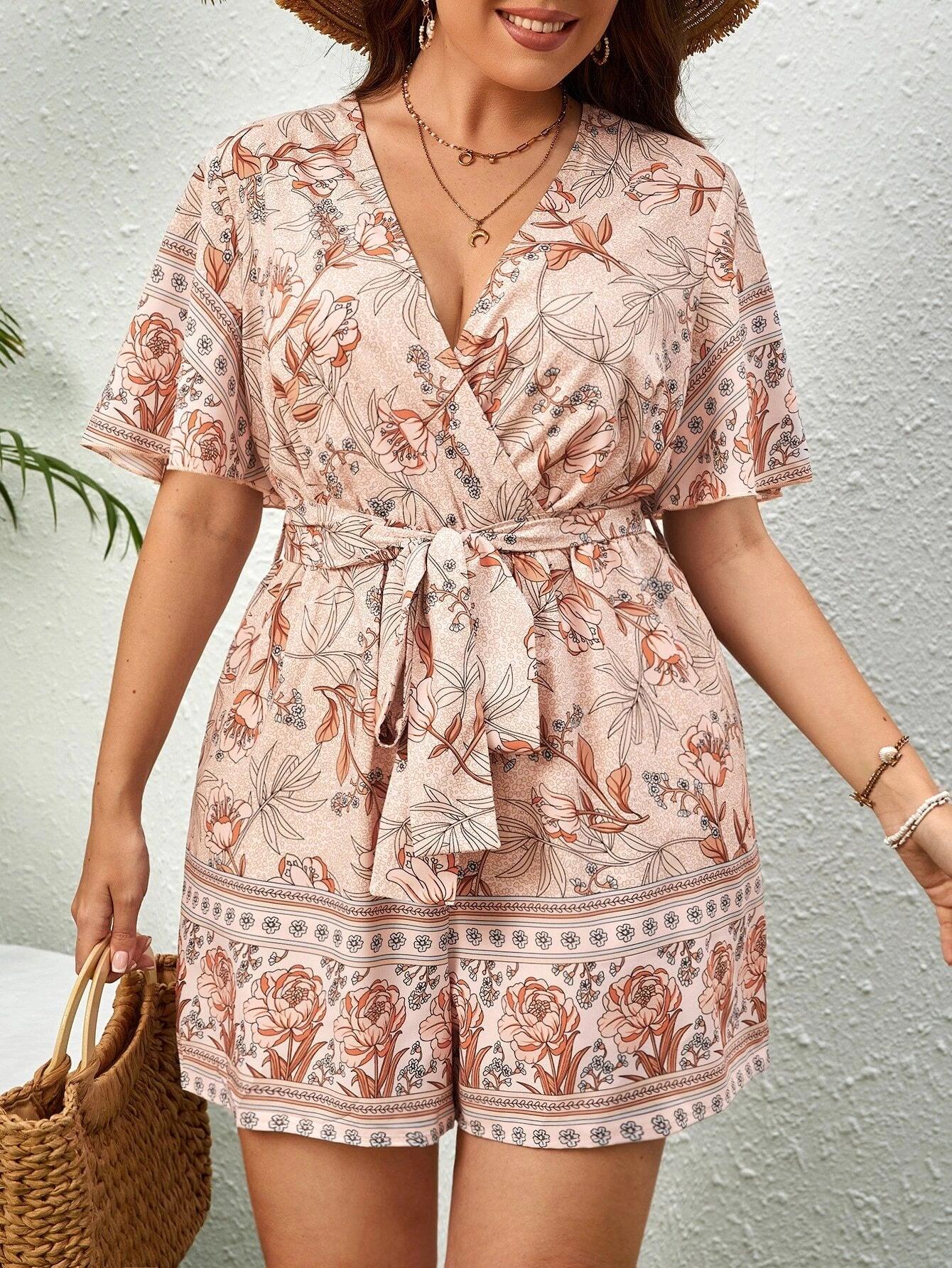 Floral Print Belted Romper-Comfy Jumpsuits