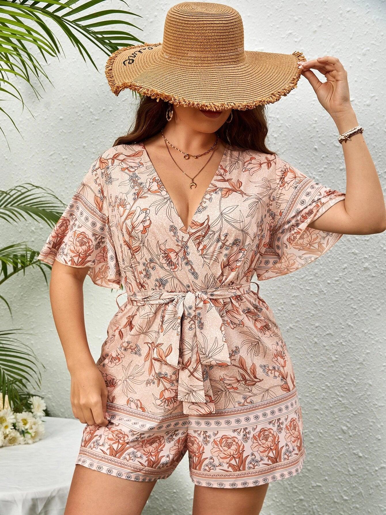 Floral Print Belted Romper-Comfy Jumpsuits