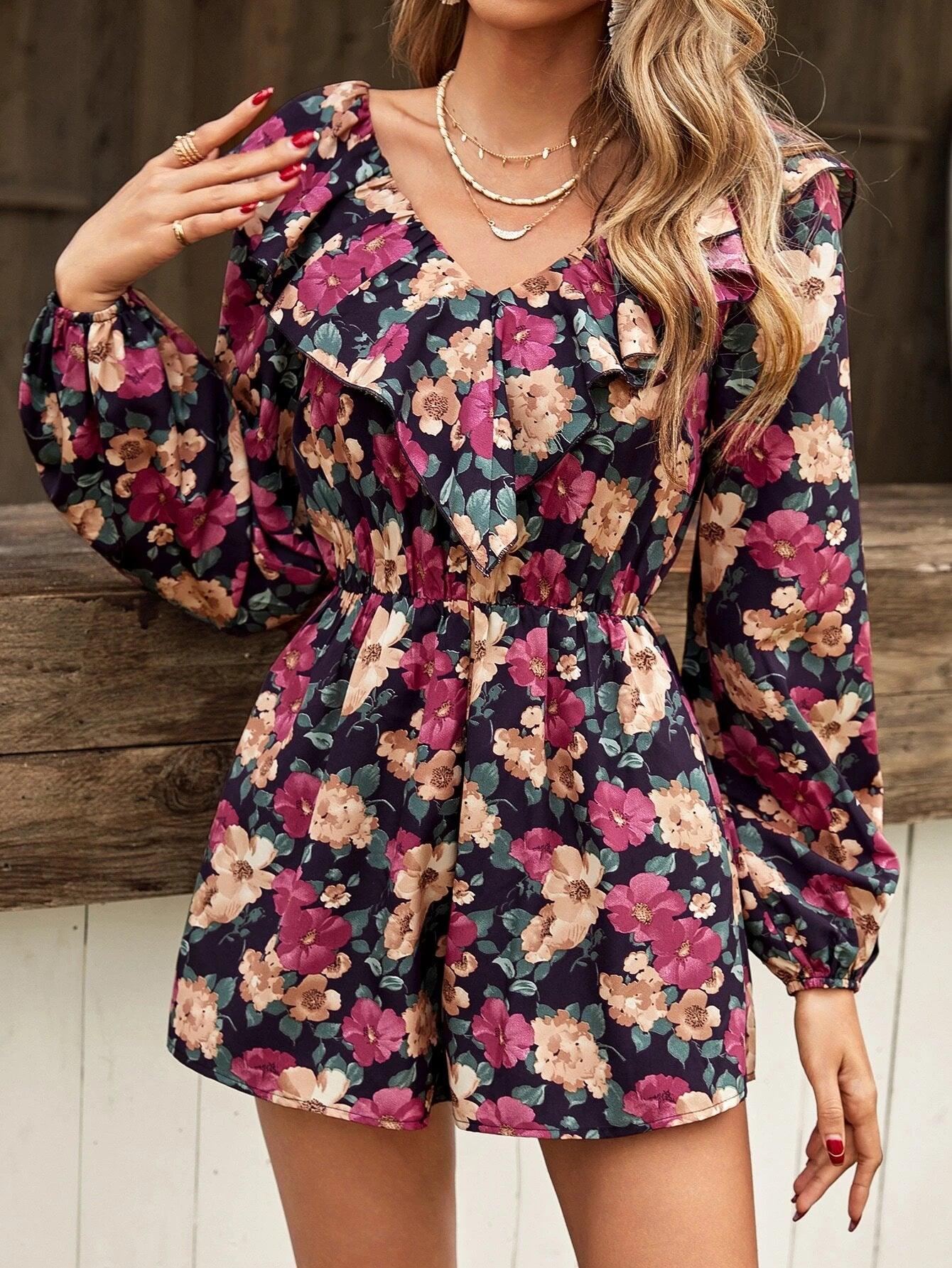 Floral Print Ruffle Trim Lantern Sleeve Romper-Comfy Jumpsuits