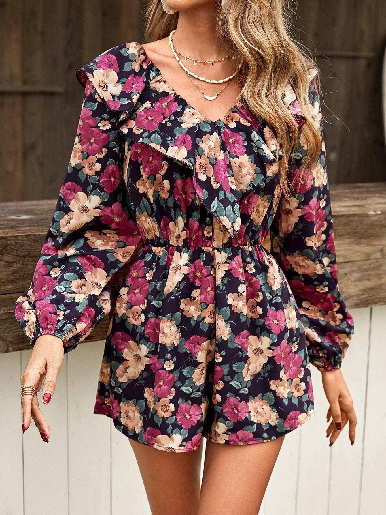 Floral Print Ruffle Trim Lantern Sleeve Romper-Comfy Jumpsuits