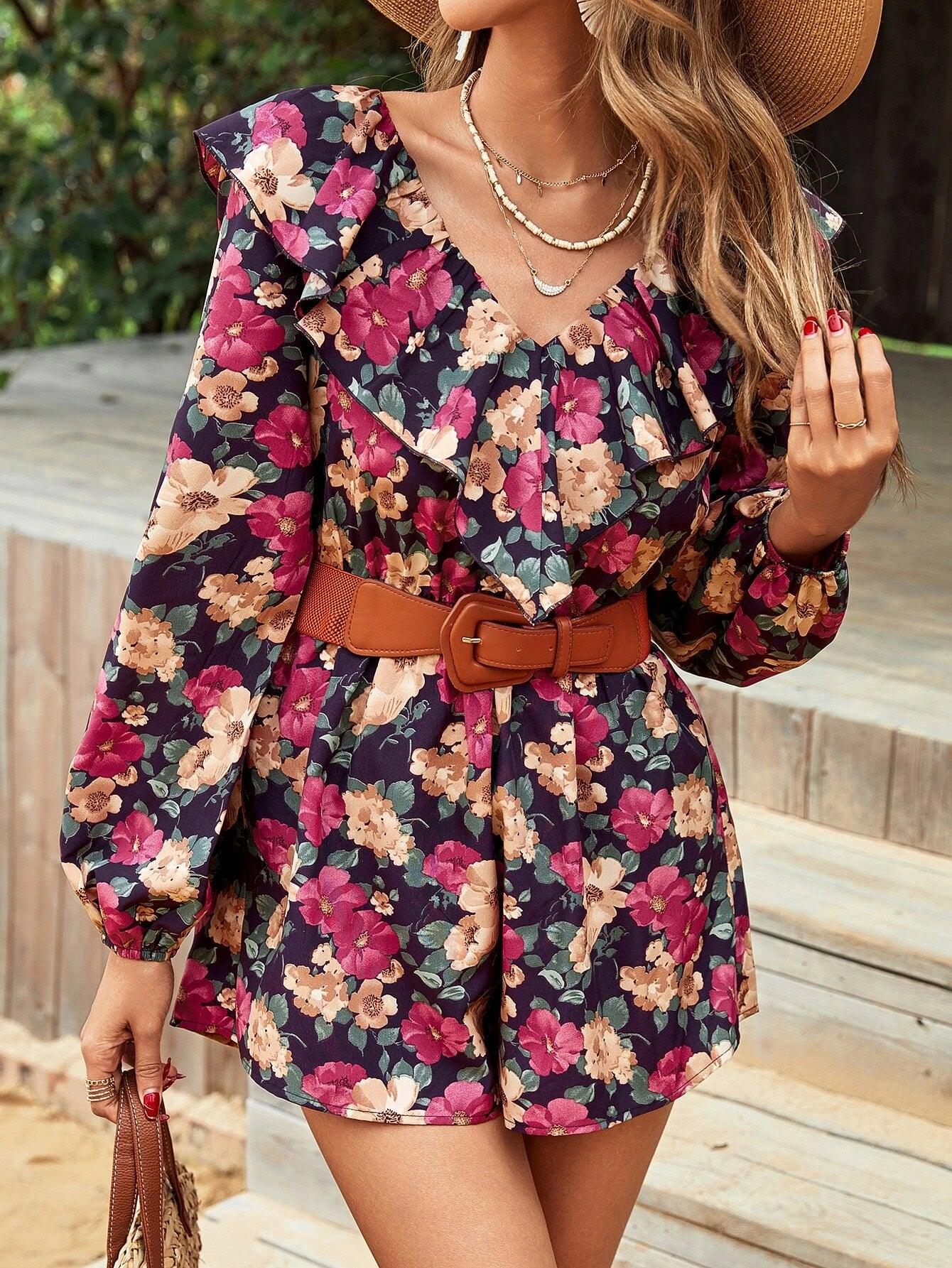 Floral Print Ruffle Trim Lantern Sleeve Romper-Comfy Jumpsuits