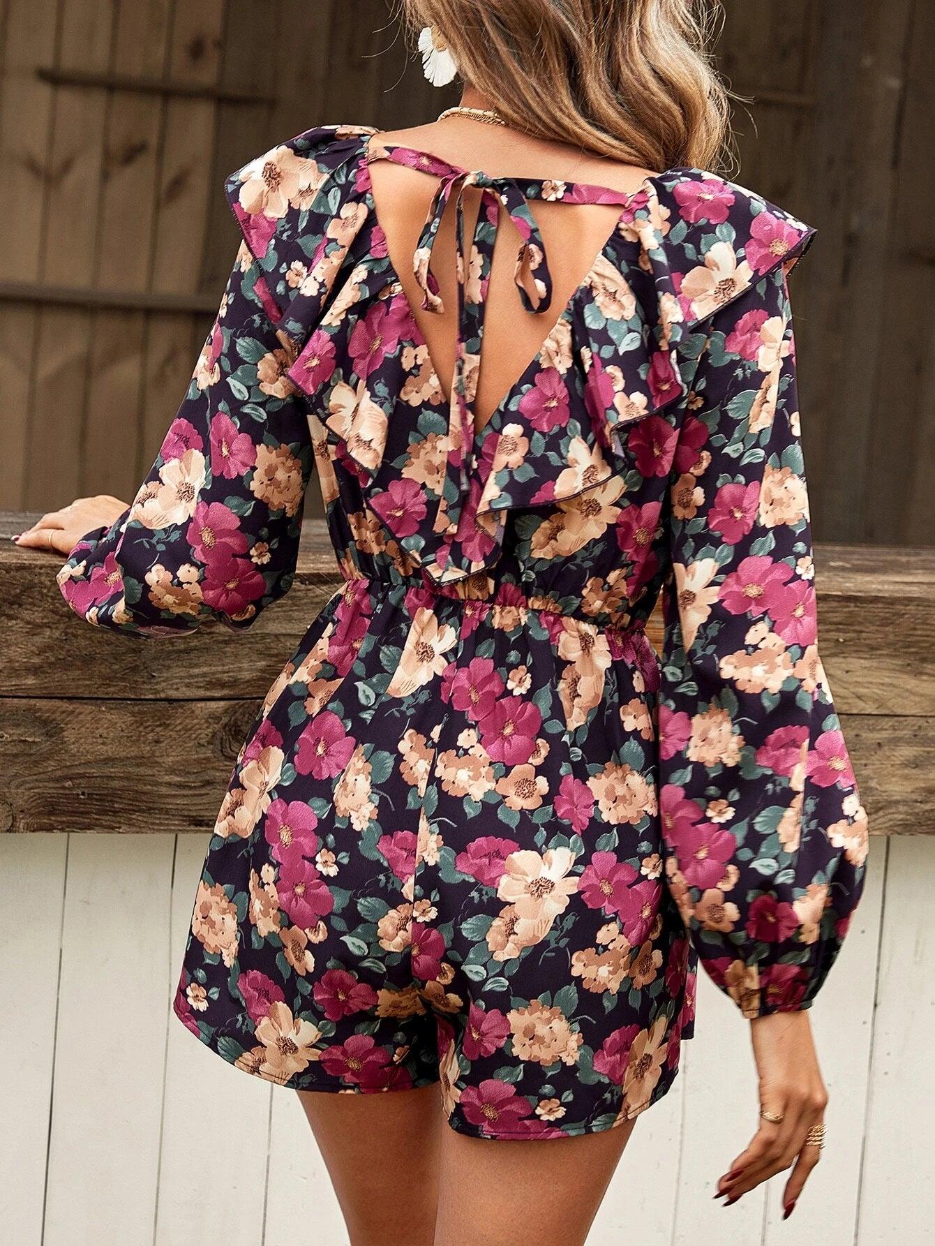 Floral Print Ruffle Trim Lantern Sleeve Romper-Comfy Jumpsuits