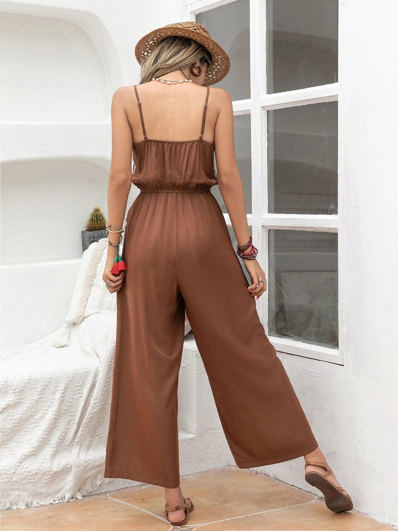 Floral Embroidery Cami Jumpsuit Without Belt-Comfy Jumpsuits