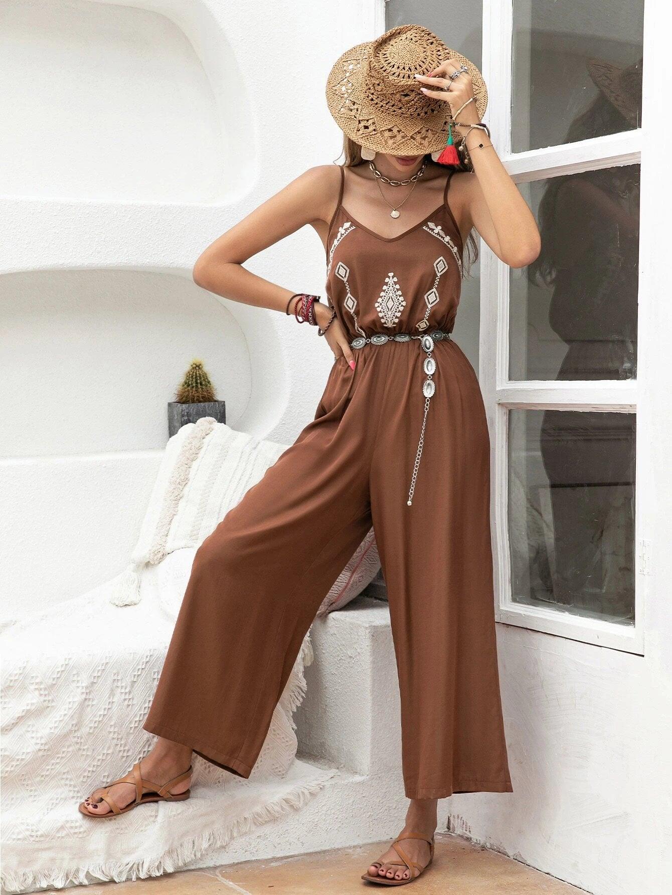 Floral Embroidery Cami Jumpsuit Without Belt-Comfy Jumpsuits