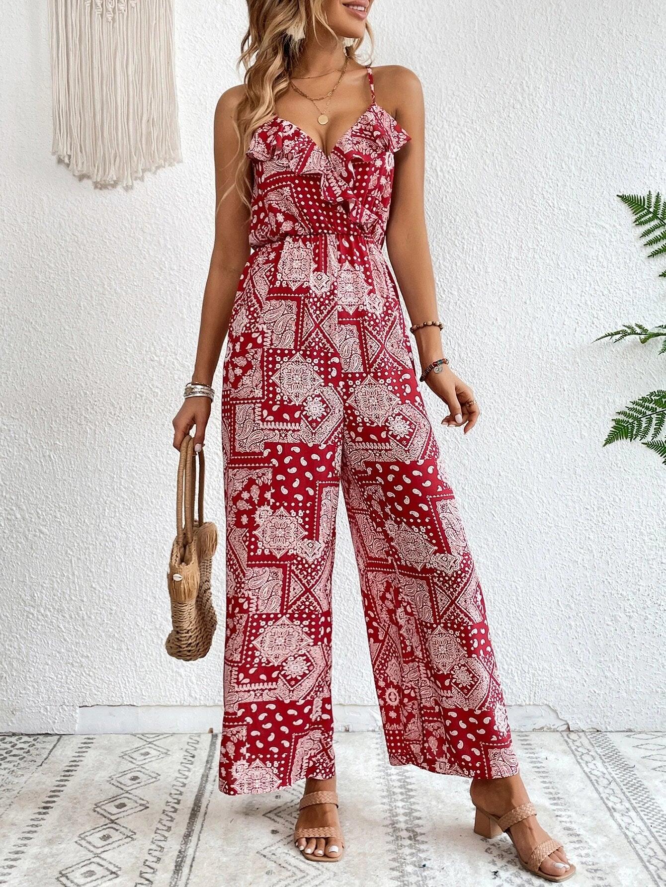Printed Sleeveless Cami Jumpsuit Without Belt-Comfy Jumpsuits