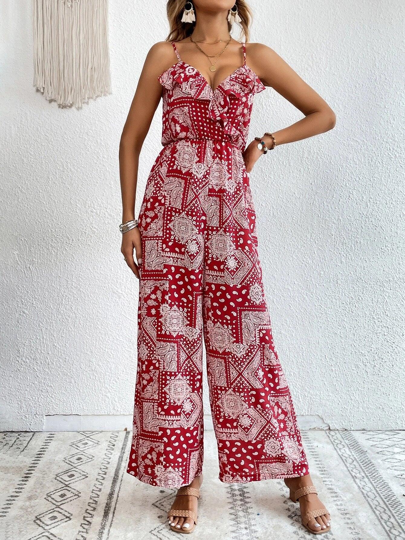 Printed Sleeveless Cami Jumpsuit Without Belt-Comfy Jumpsuits