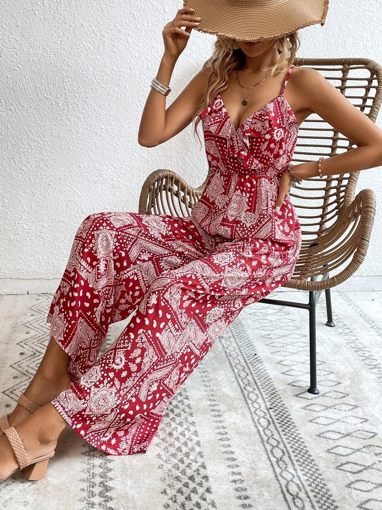 Printed Sleeveless Cami Jumpsuit Without Belt-Comfy Jumpsuits