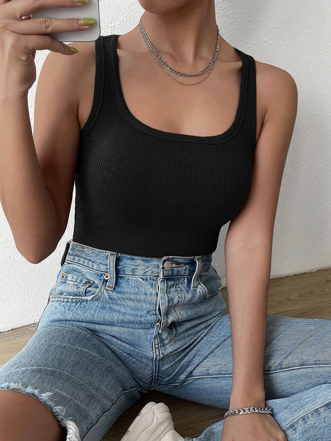 Solid Ribbed Knit Tank Bodysuit-Comfy Jumpsuits