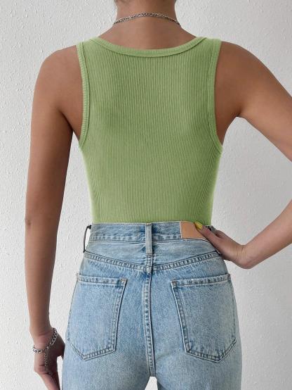 Solid Ribbed Knit Tank Bodysuit-Comfy Jumpsuits