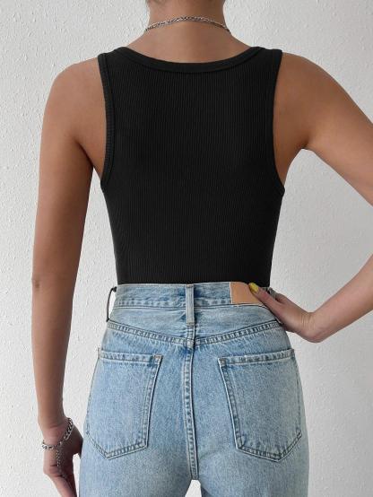 Solid Ribbed Knit Tank Bodysuit-Comfy Jumpsuits