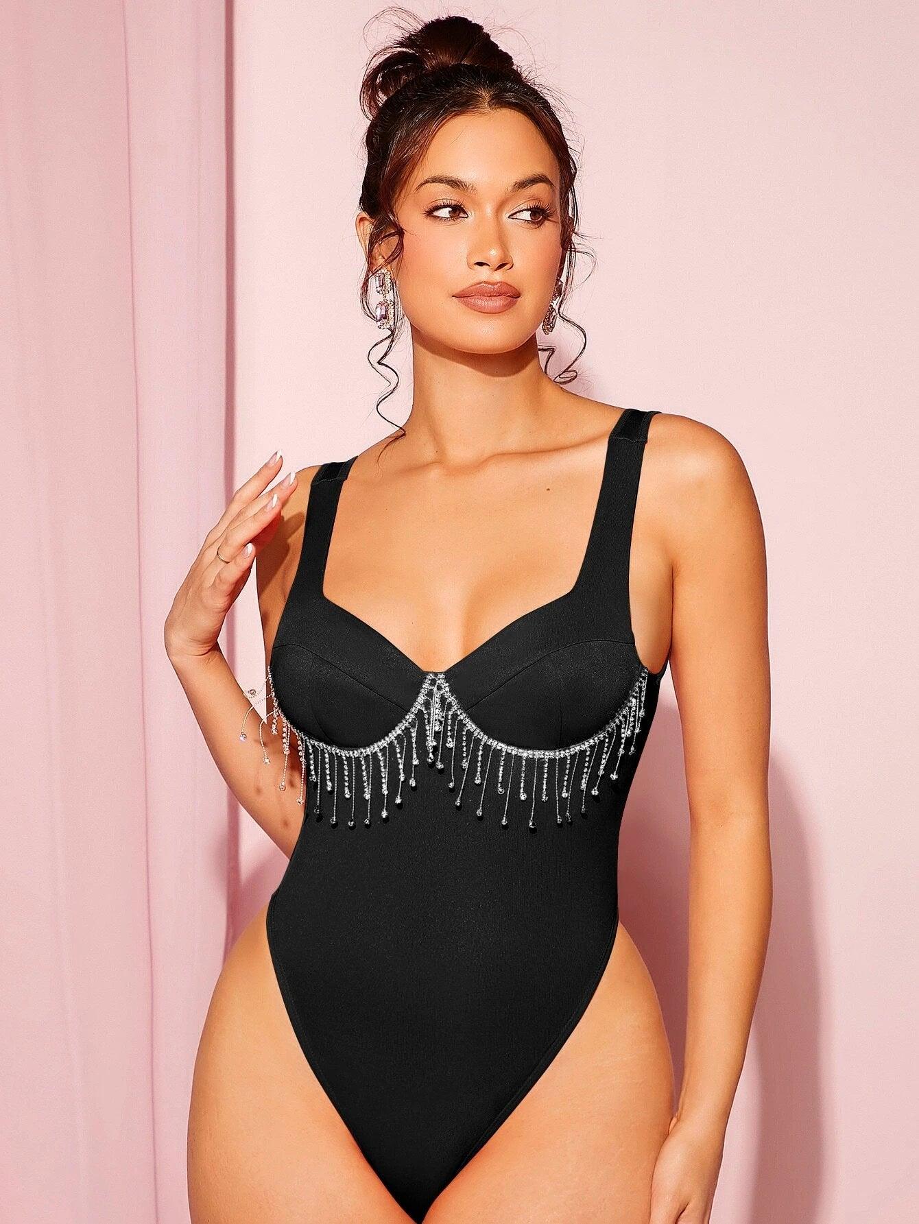 Rhinestone Fringed Bodysuit-Comfy Jumpsuits