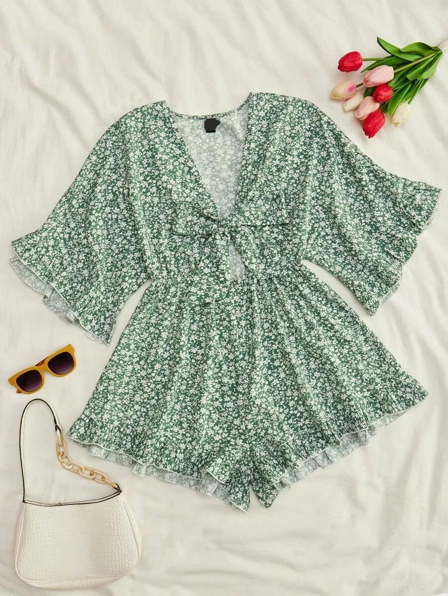 Floral Print Knot Front Ruffle Hem Romper-Comfy Jumpsuits