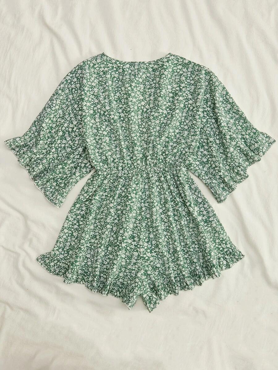 Floral Print Knot Front Ruffle Hem Romper-Comfy Jumpsuits
