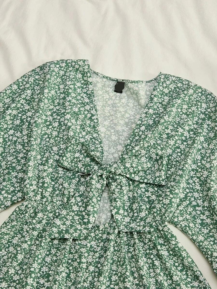 Floral Print Knot Front Ruffle Hem Romper-Comfy Jumpsuits