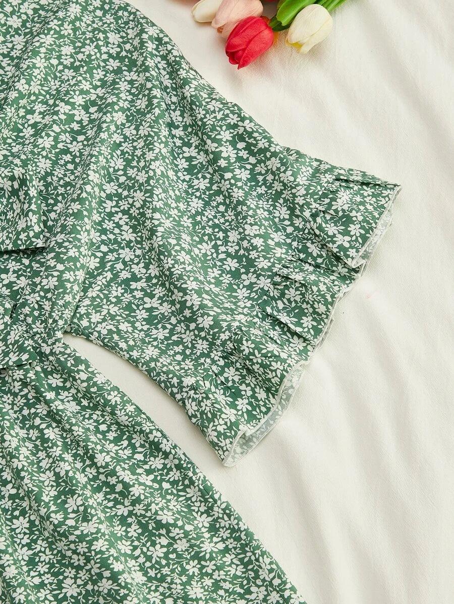 Floral Print Knot Front Ruffle Hem Romper-Comfy Jumpsuits