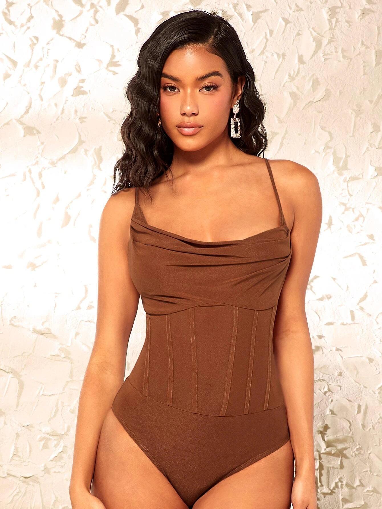 Draped Collar Cami Bodysuit-Comfy Jumpsuits