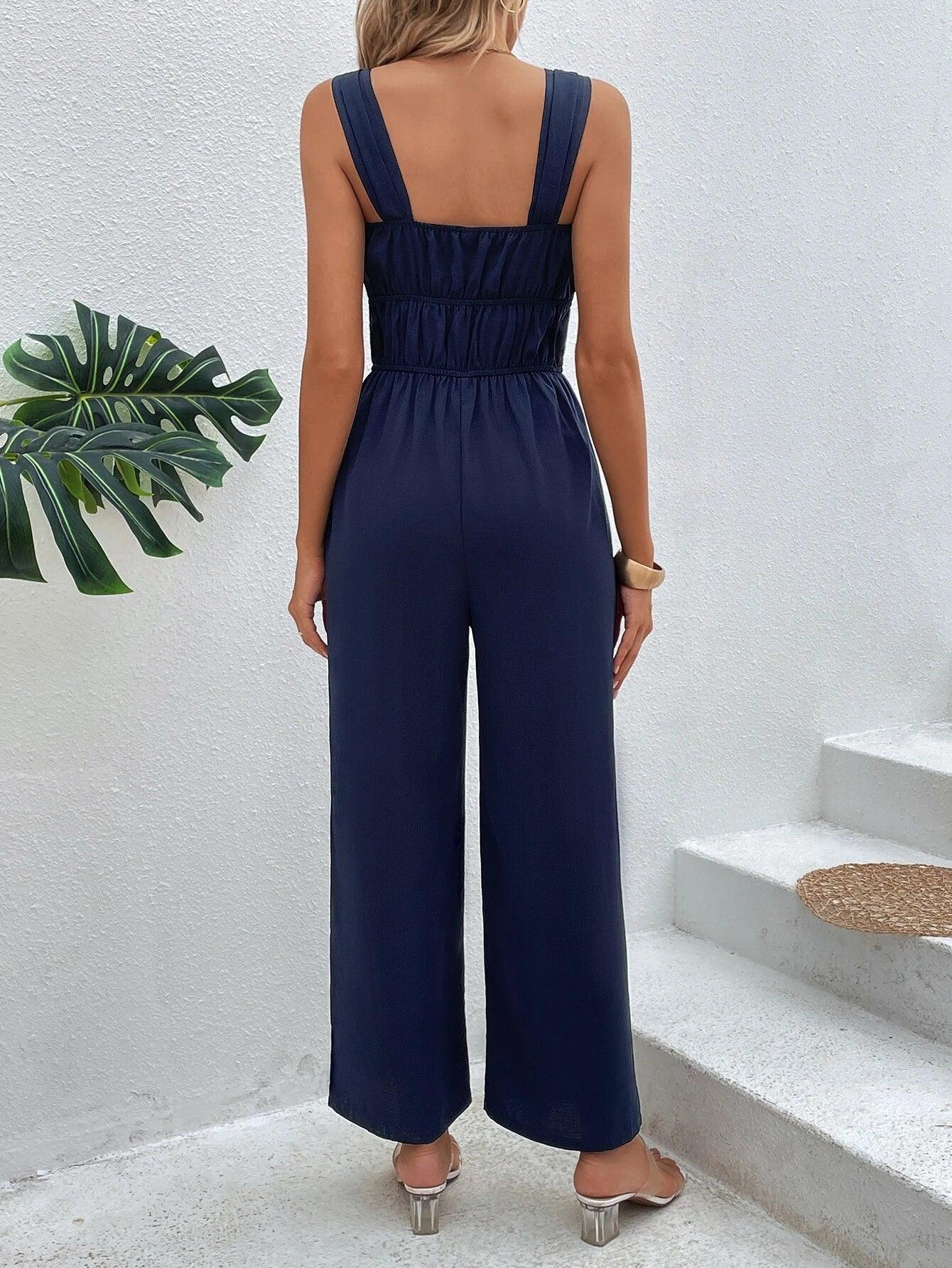 Solid Tie Front Cami Jumpsuit-Comfy Jumpsuits