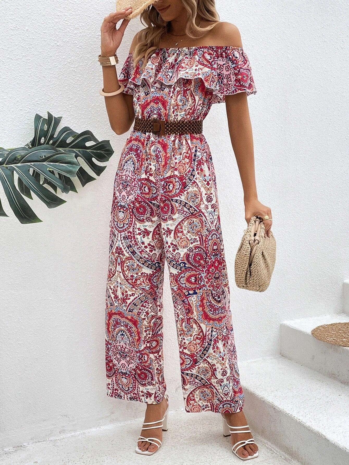 Paisley Print Off Shoulder Ruffle Trim Jumpsuit Without Belt-Comfy Jumpsuits