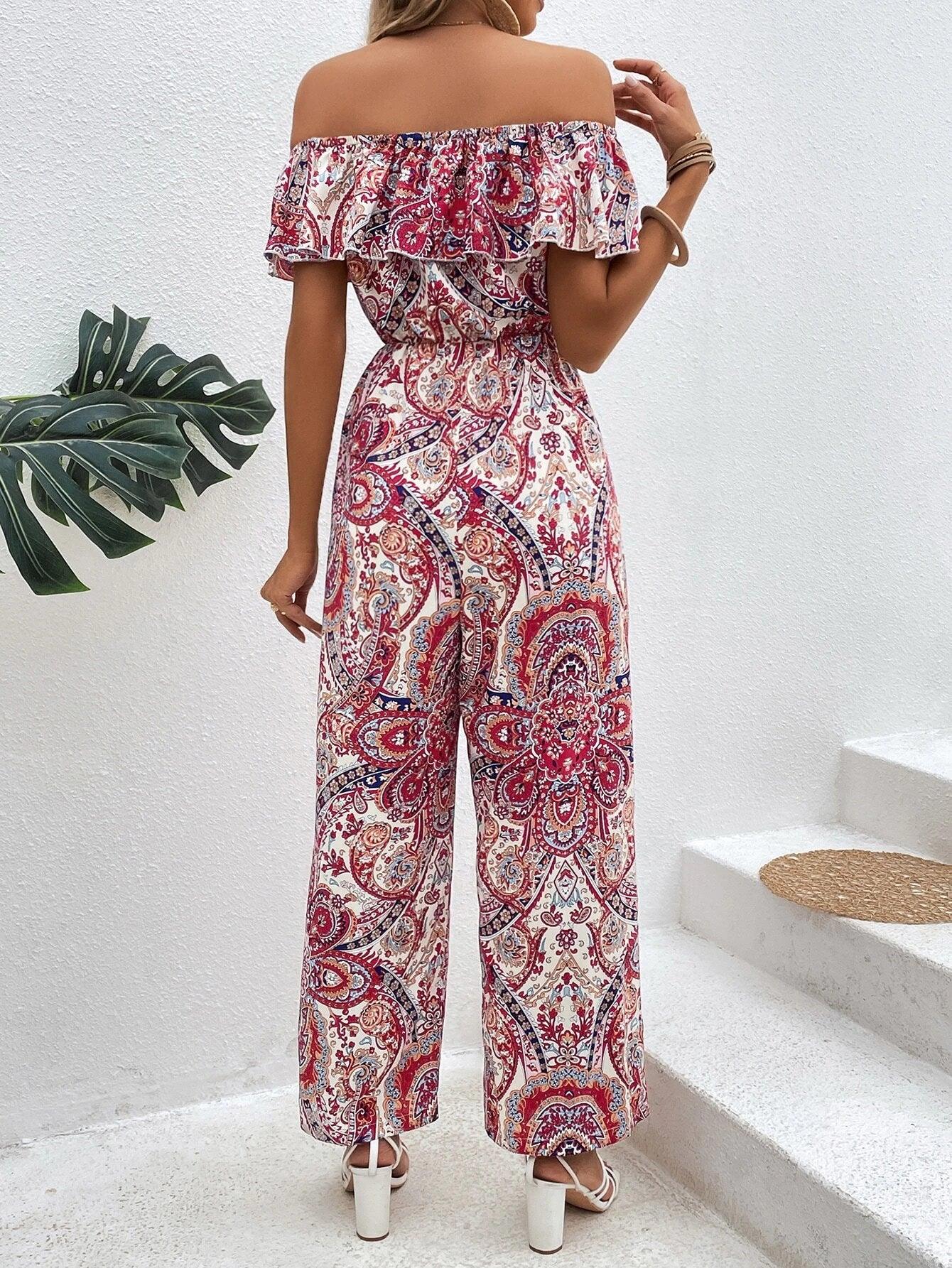 Paisley Print Off Shoulder Ruffle Trim Jumpsuit Without Belt-Comfy Jumpsuits