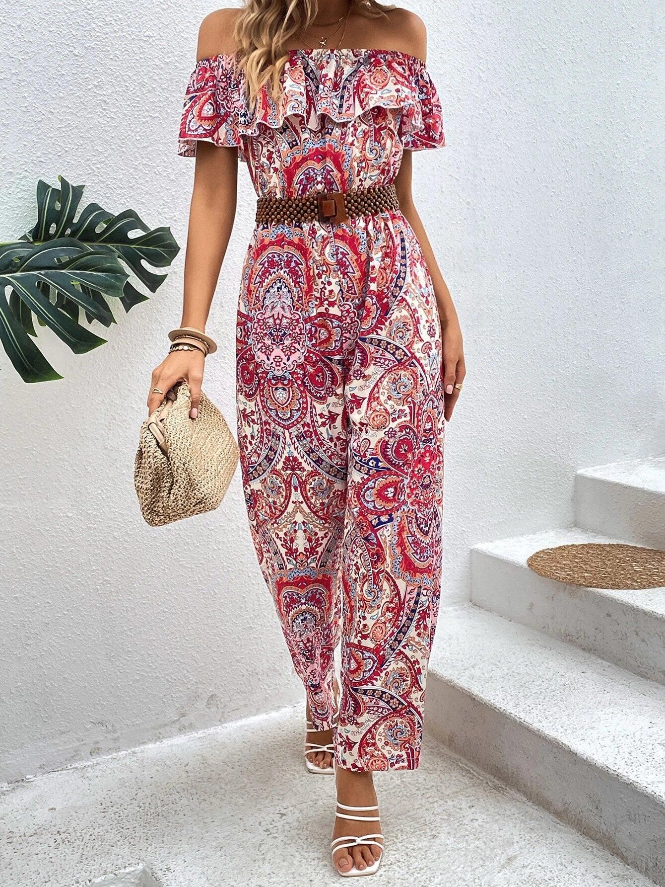 Paisley Print Off Shoulder Ruffle Trim Jumpsuit Without Belt-Comfy Jumpsuits