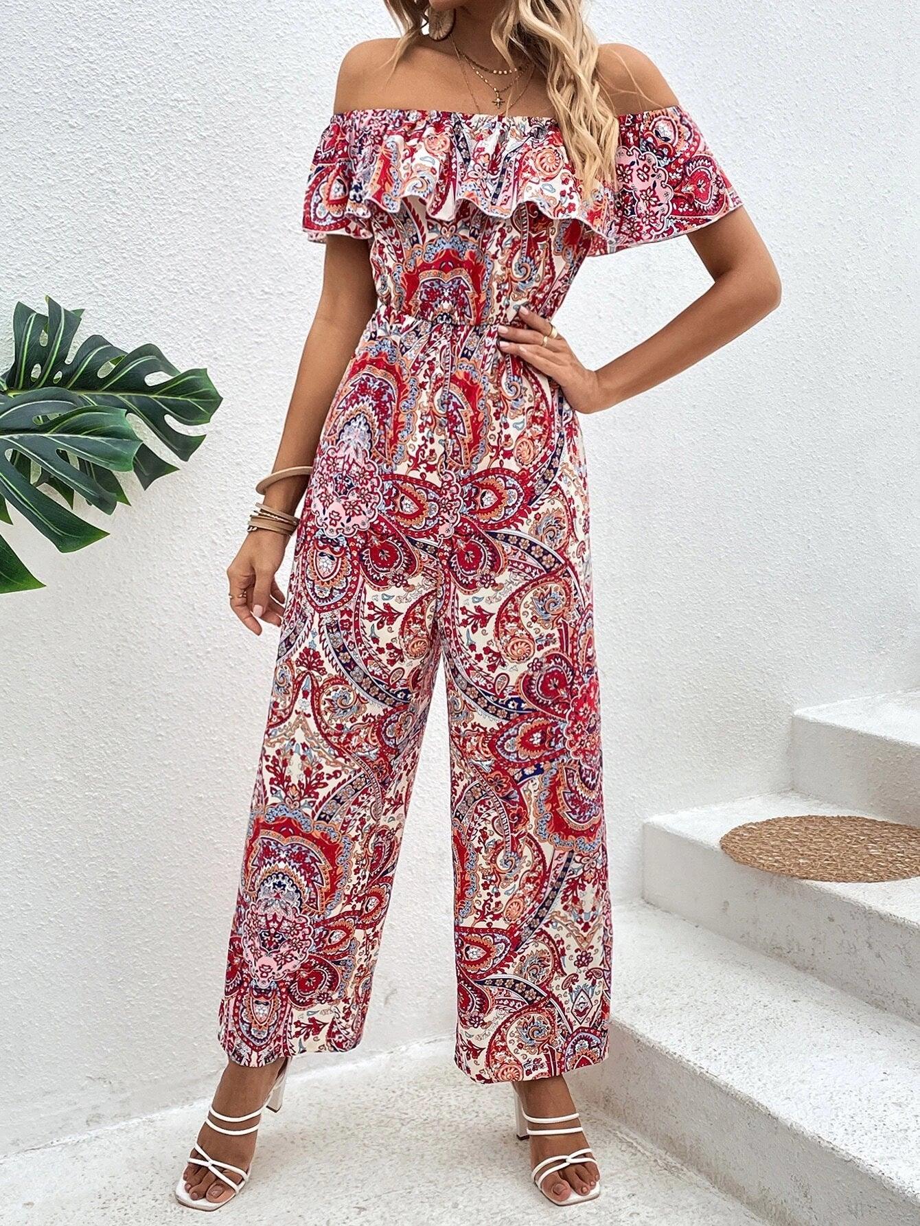 Paisley Print Off Shoulder Ruffle Trim Jumpsuit Without Belt-Comfy Jumpsuits