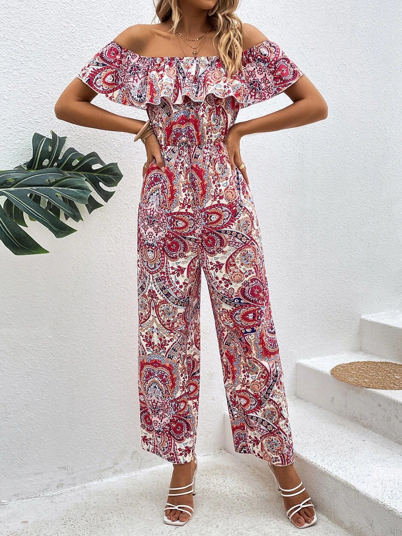 Paisley Print Off Shoulder Ruffle Trim Jumpsuit Without Belt-Comfy Jumpsuits