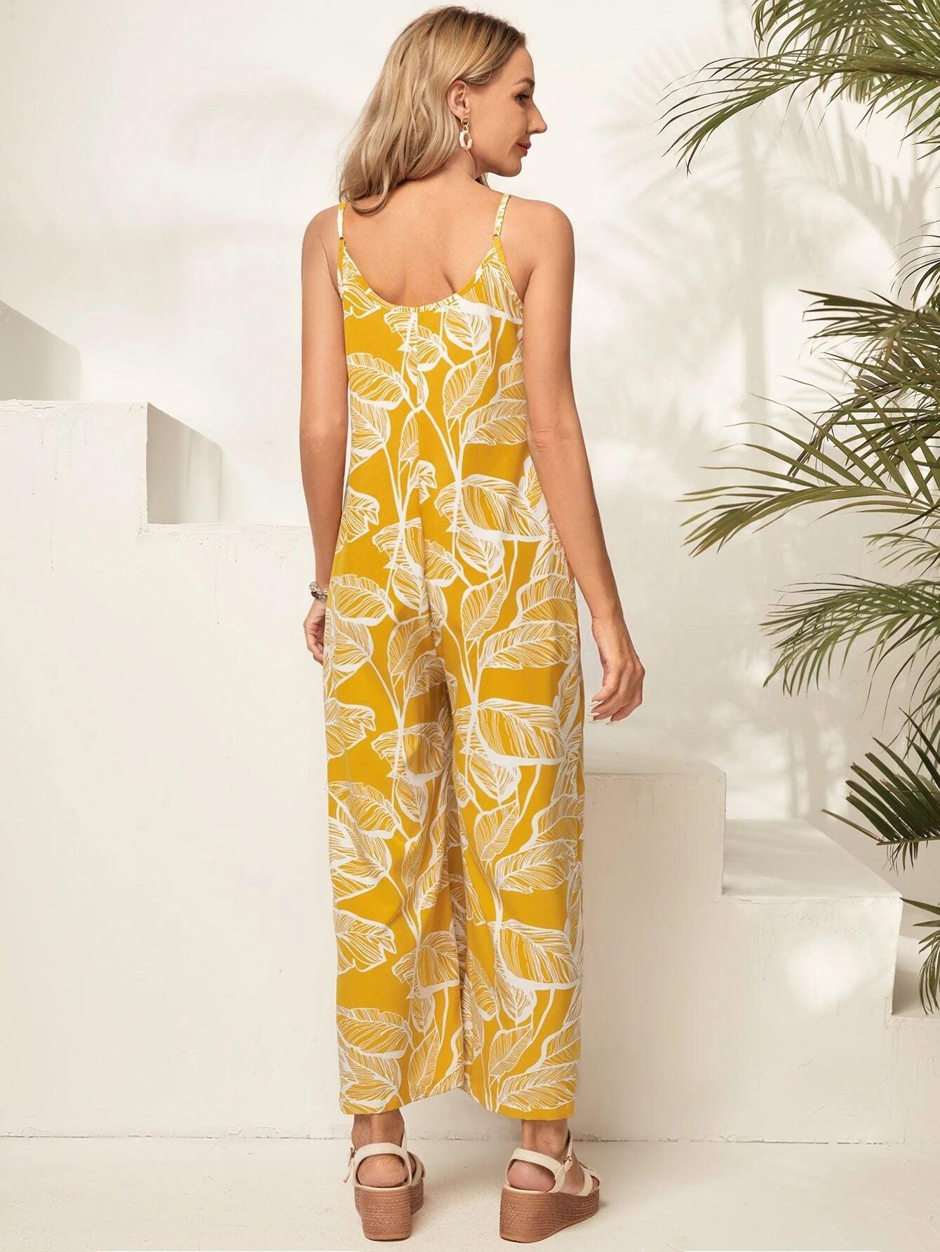 Tropical Print Wide Leg Cami Jumpsuit-Comfy Jumpsuits