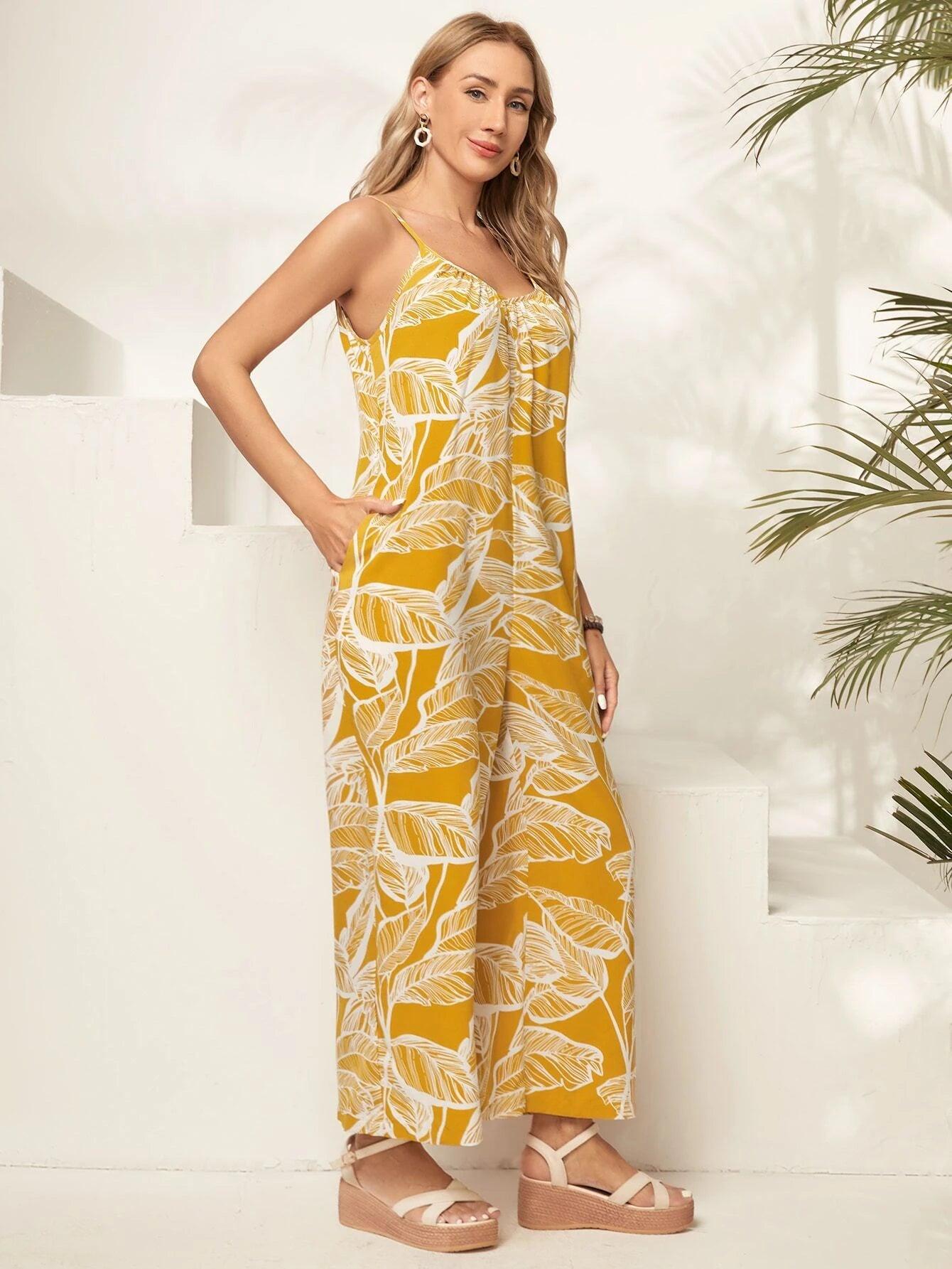 Tropical Print Wide Leg Cami Jumpsuit-Comfy Jumpsuits