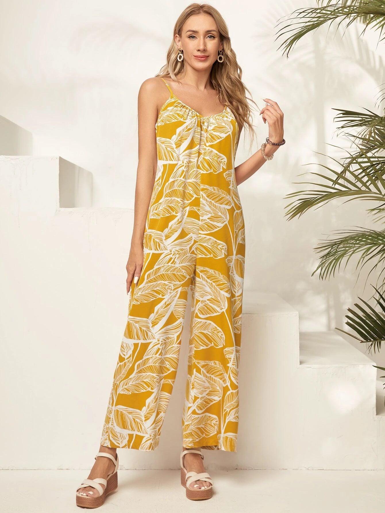 Tropical Print Wide Leg Cami Jumpsuit-Comfy Jumpsuits