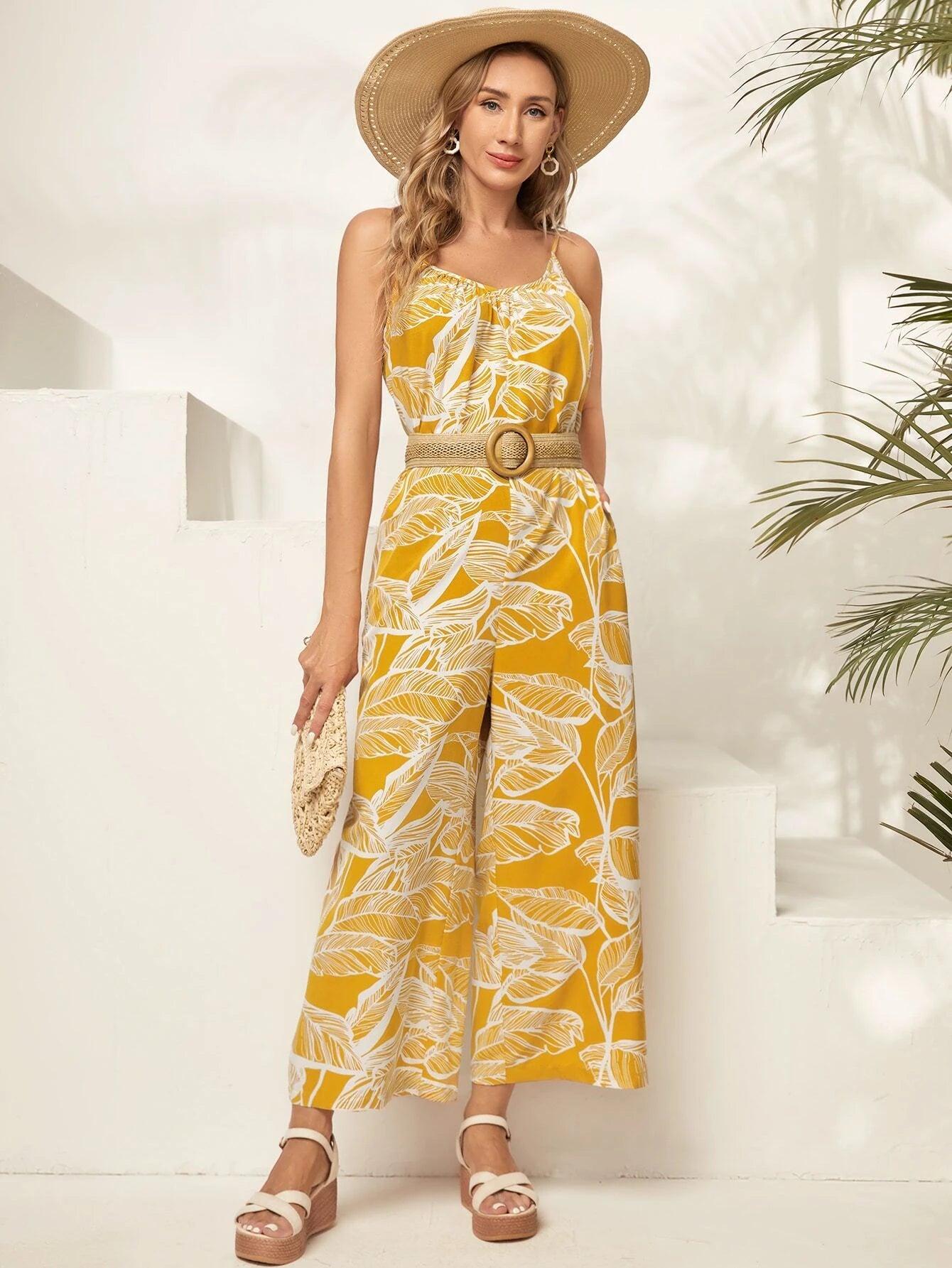 Tropical Print Wide Leg Cami Jumpsuit-Comfy Jumpsuits