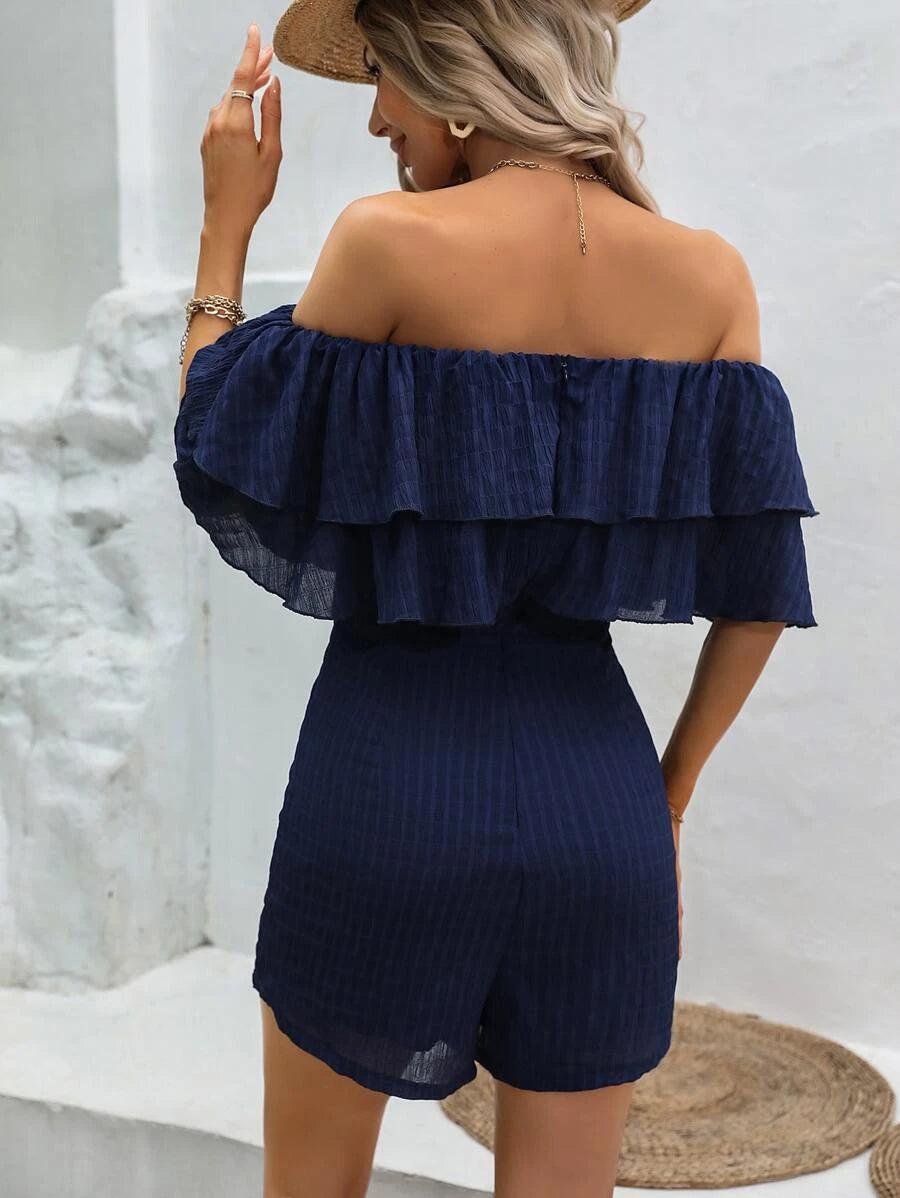 Solid Off Shoulder Ruffle Trim Jumpsuit-Comfy Jumpsuits