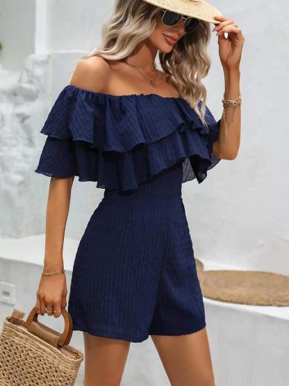 Solid Off Shoulder Ruffle Trim Jumpsuit-Comfy Jumpsuits