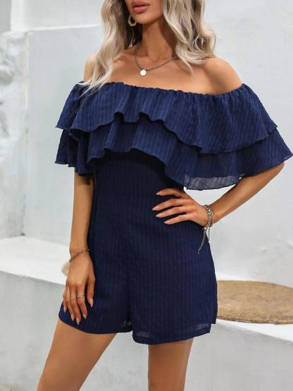 Solid Off Shoulder Ruffle Trim Jumpsuit-Comfy Jumpsuits