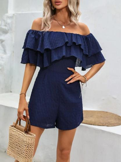 Solid Off Shoulder Ruffle Trim Jumpsuit-Comfy Jumpsuits