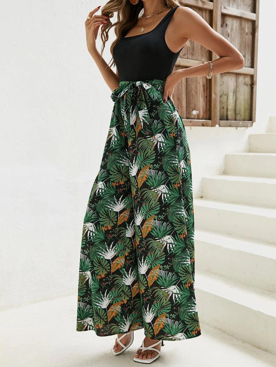Tropical Print Belted Wide Leg Jumpsuit-Comfy Jumpsuits