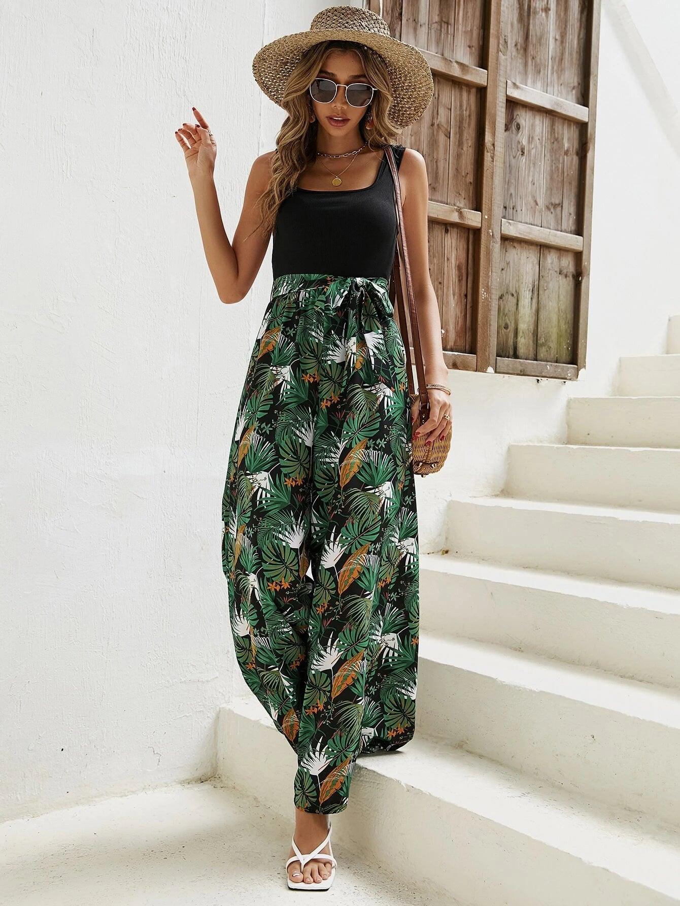 Tropical Print Belted Long Length Jumpsuit-Comfy Jumpsuits