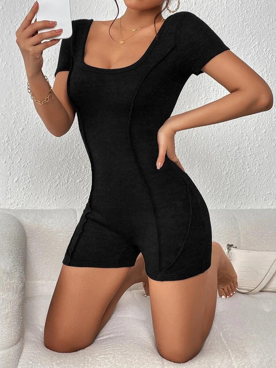 Unity Solid Scoop Neck Unitard Romper-Comfy Jumpsuits